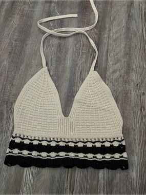 Crochet Halter Bralette Top in Cream and Black